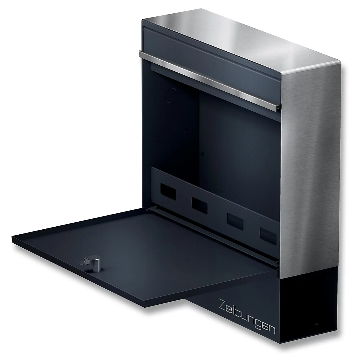 Donkergrijze brievenbus met open klep en roestvrijstalen accenten. Onderaan staat "Zeitungen".