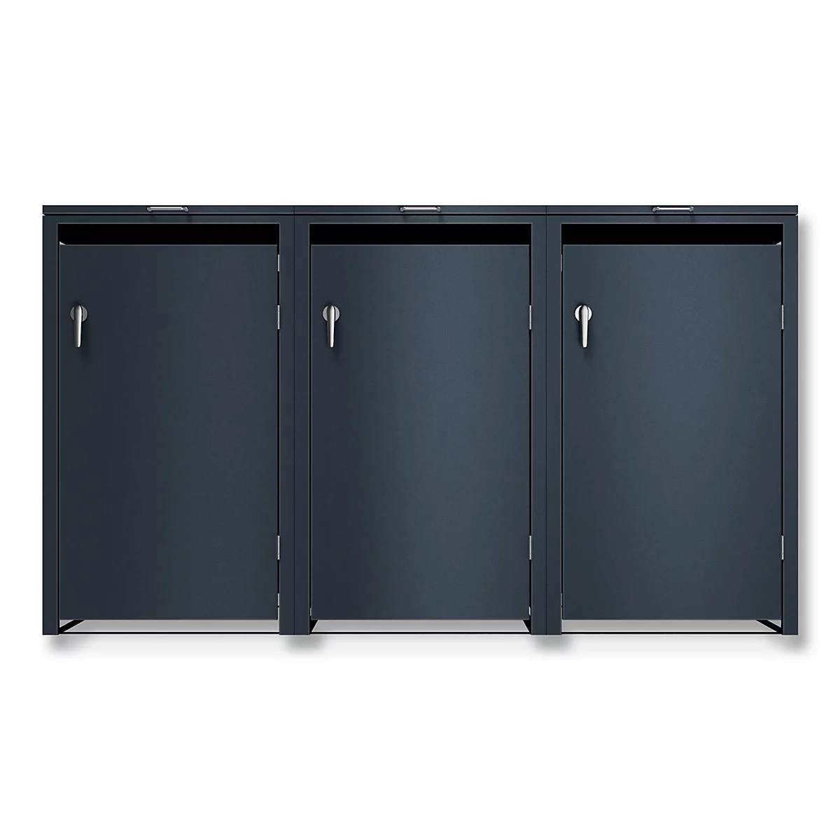 Armoire en trois parties, gris foncé avec poignées sur les portes, sur fond blanc.