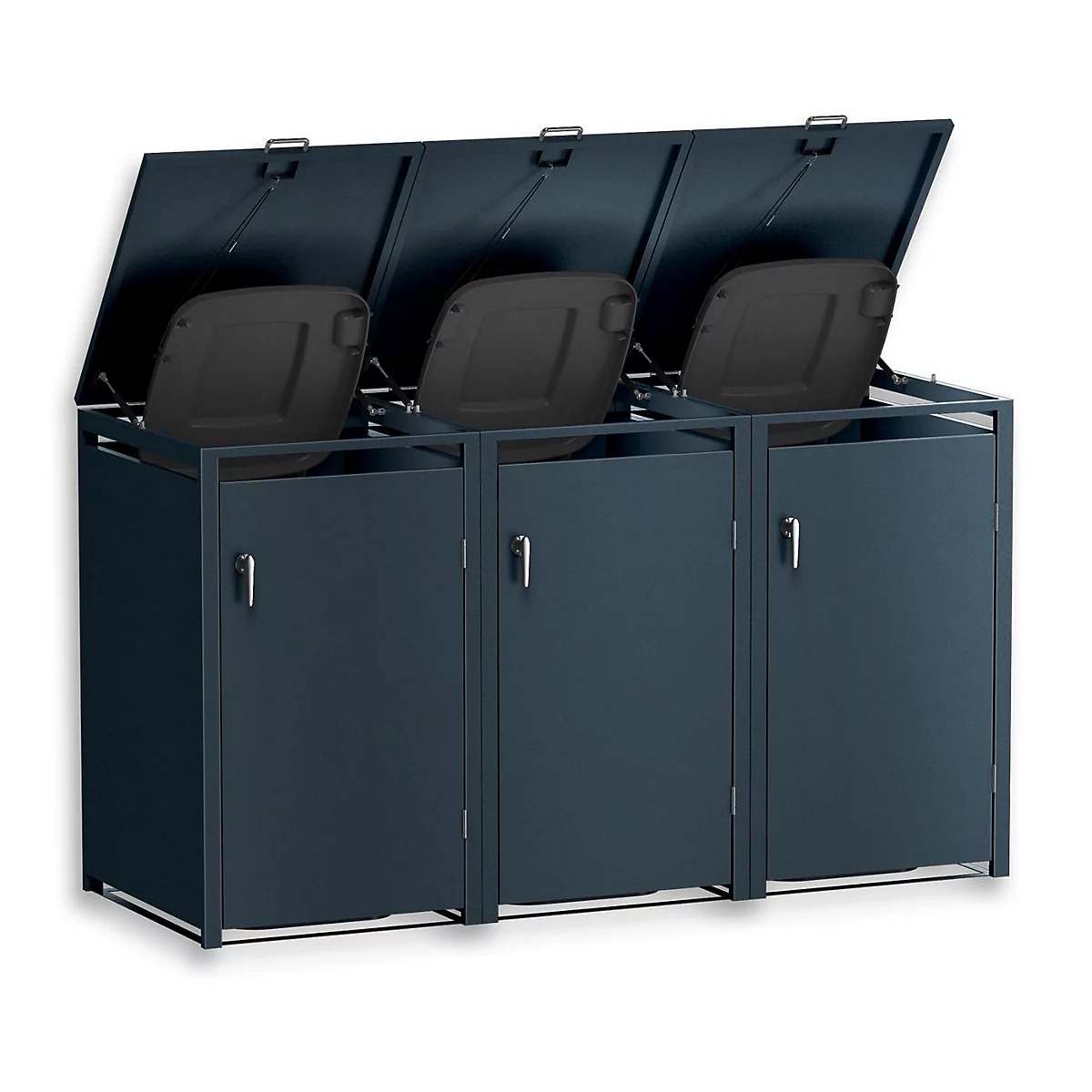 Poubelle triple bleu foncé avec couvercles ouverts. Sous les couvercles, trois portes séparées avec poignées.