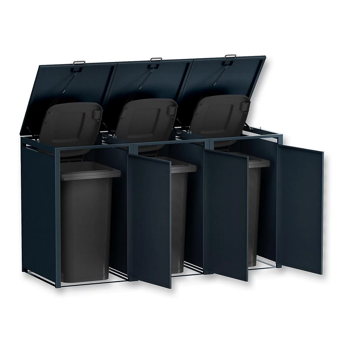 Conteneur à poubelle bleu foncé avec trois compartiments et des couvercles ouverts. Chaque compartiment a une porte séparée.