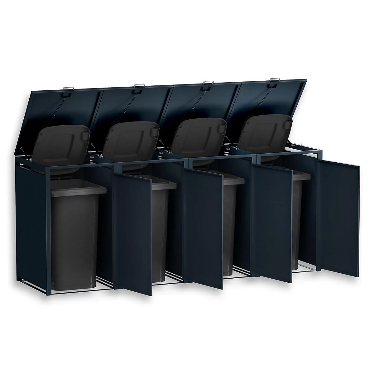 Conteneur à déchets bleu foncé multi-compartiments avec quatre compartiments séparés et couvercles à charnière.