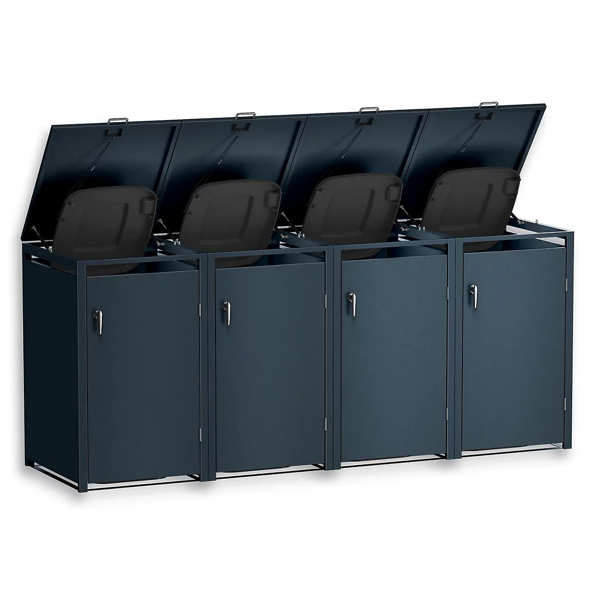 Blauwe vuilnisbakken met openende deksels. Zwarte containers zijn zichtbaar.