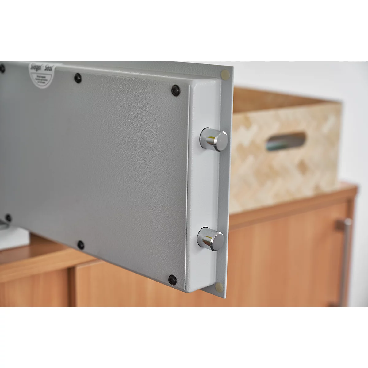 Meubelkluis Atlanta - B 420 x D 380 x H 300 mm - 23 liter - deurscharnier rechts - 2 sleutels - lichtgrijs RAL 7035