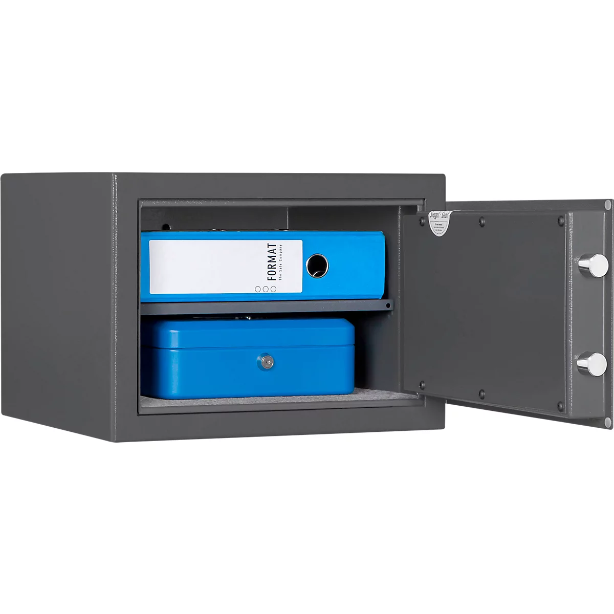 Meubelkluis Format Atlanta, 23 l, deurscharnier rechts, slot met dubbelbaardsluiting, 2 sleutels, B 420 x D 380 x H 300 mm, grafietgrijs