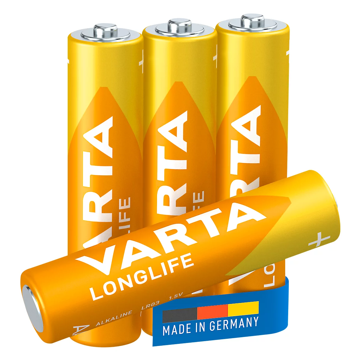 VARTA brand batteries in yellow and orange. Inscription: Longlife, Made in Germany. A plus sign is visible.