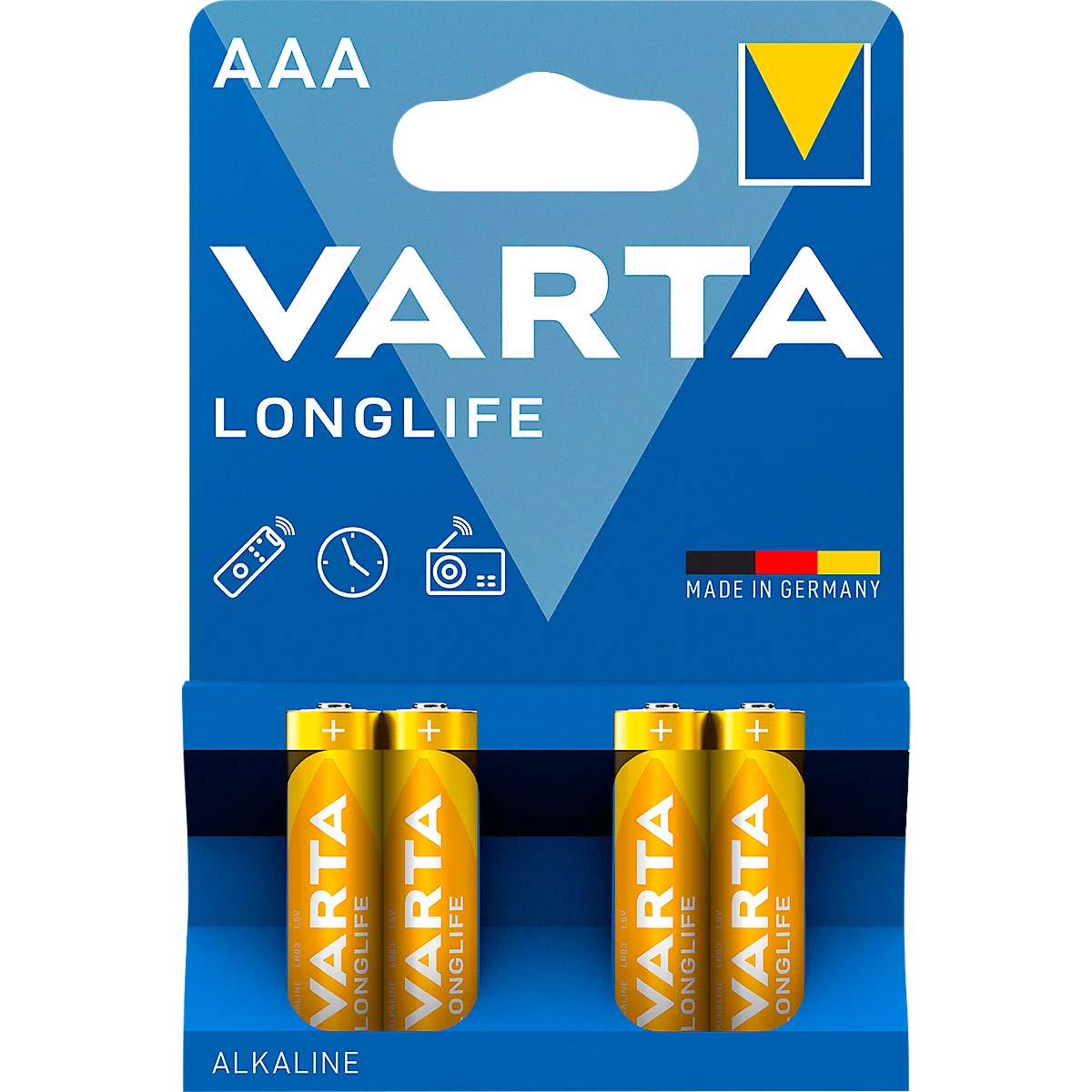 Battery pack with VARTA batteries, yellow-gold, on a blue background.