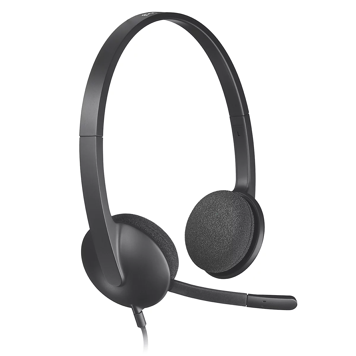 Casque noir avec microphone, câble et coussinets rembourrés.