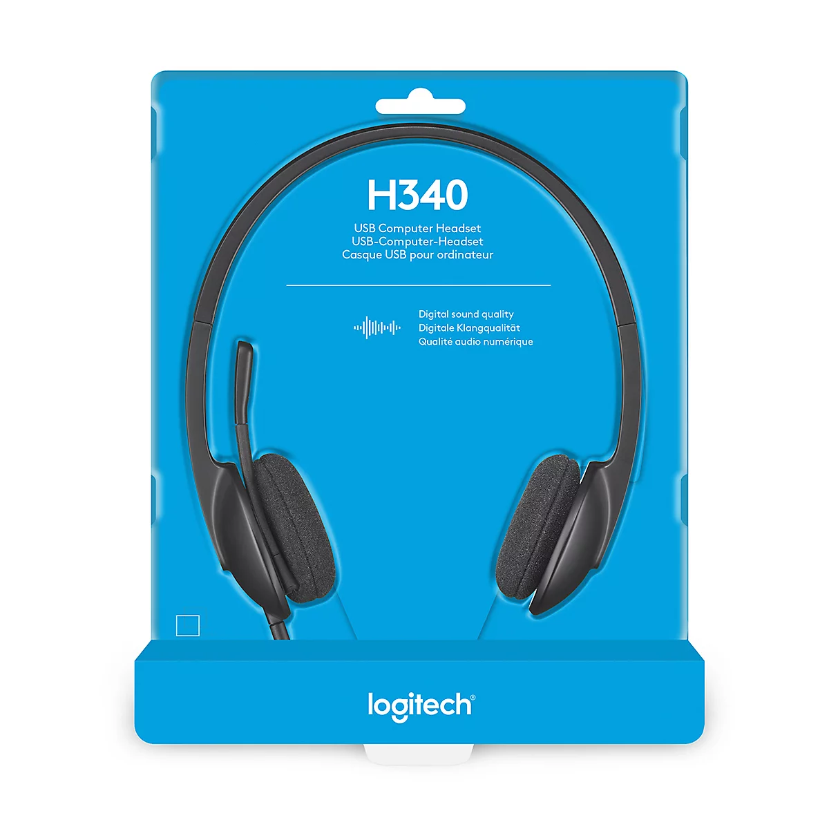 Casque USB pour ordinateur Logitech H340 noir dans un emballage bleu. Texte: H340, Digital Sound Quality.