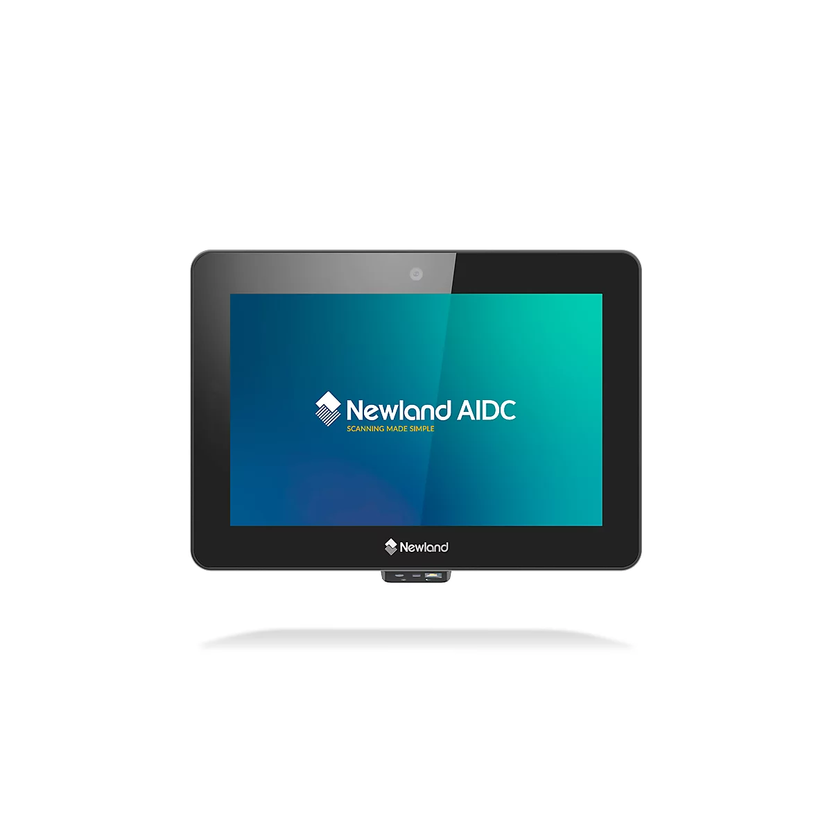 Schwarzes Tablet mit Bildschirm. Auf dem Bildschirm steht Newland AIDC.