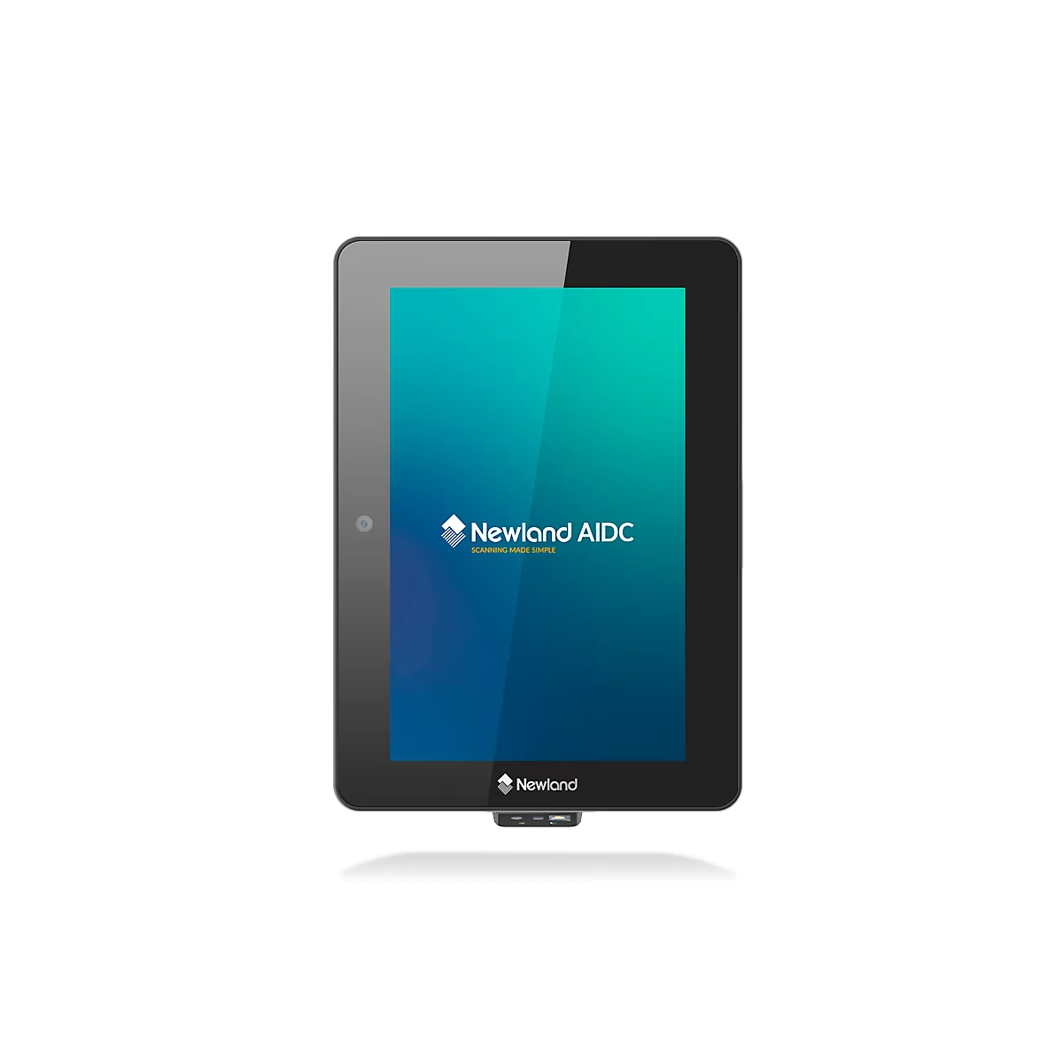 Schwarzes Tablet mit Newland-Logo auf dem Bildschirm und einem Kameraauge.