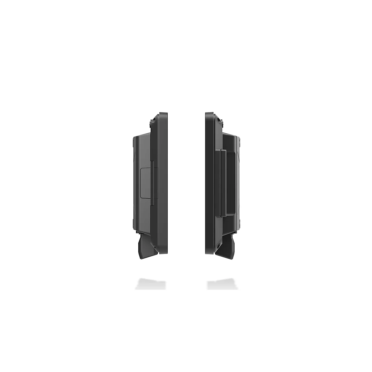 Deux appareils rectangulaires noirs se font face. Les appareils ont des éléments en saillie.