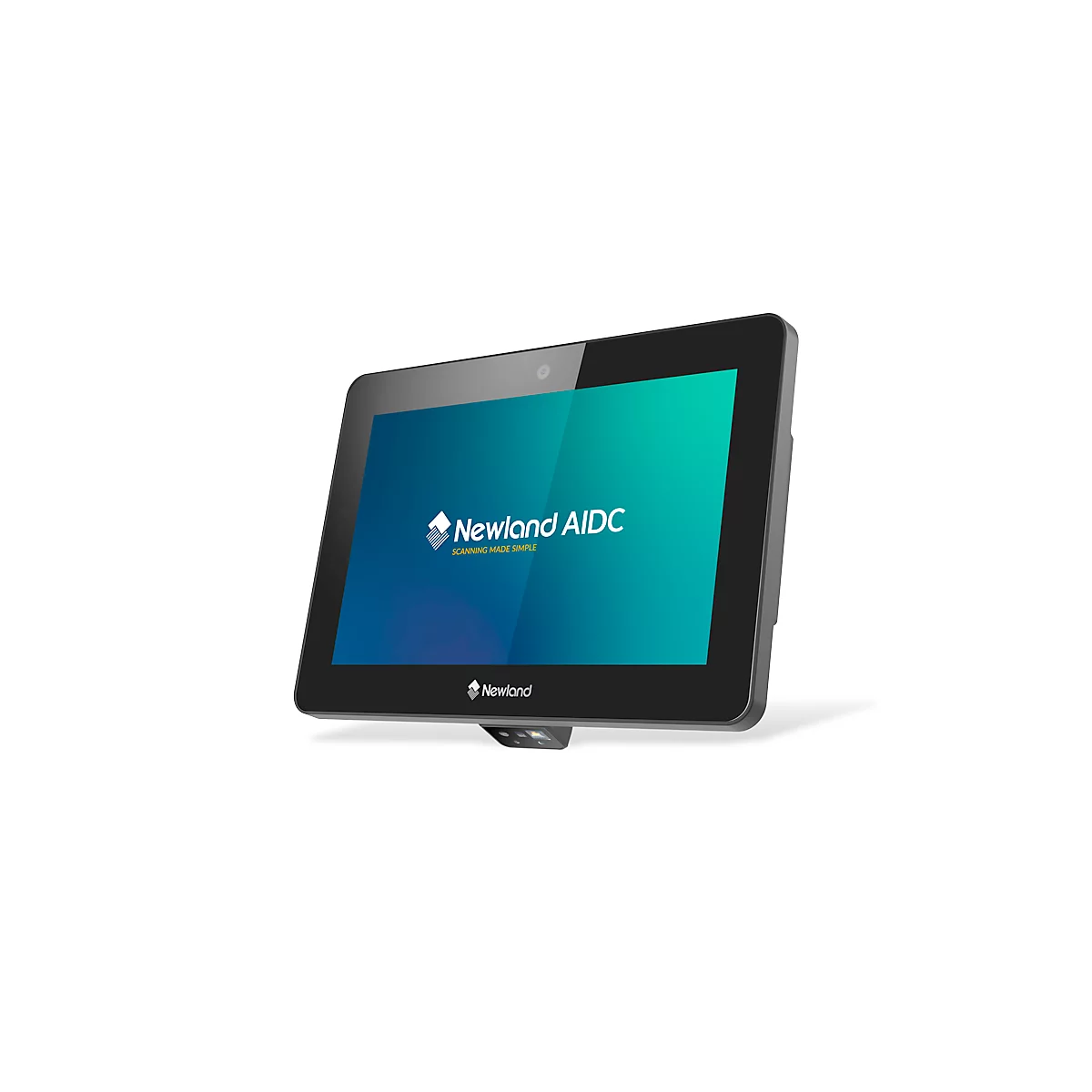 Tablette noire avec logo "Newland AIDC", écran bleu et vert, caméra et scanner en bas.