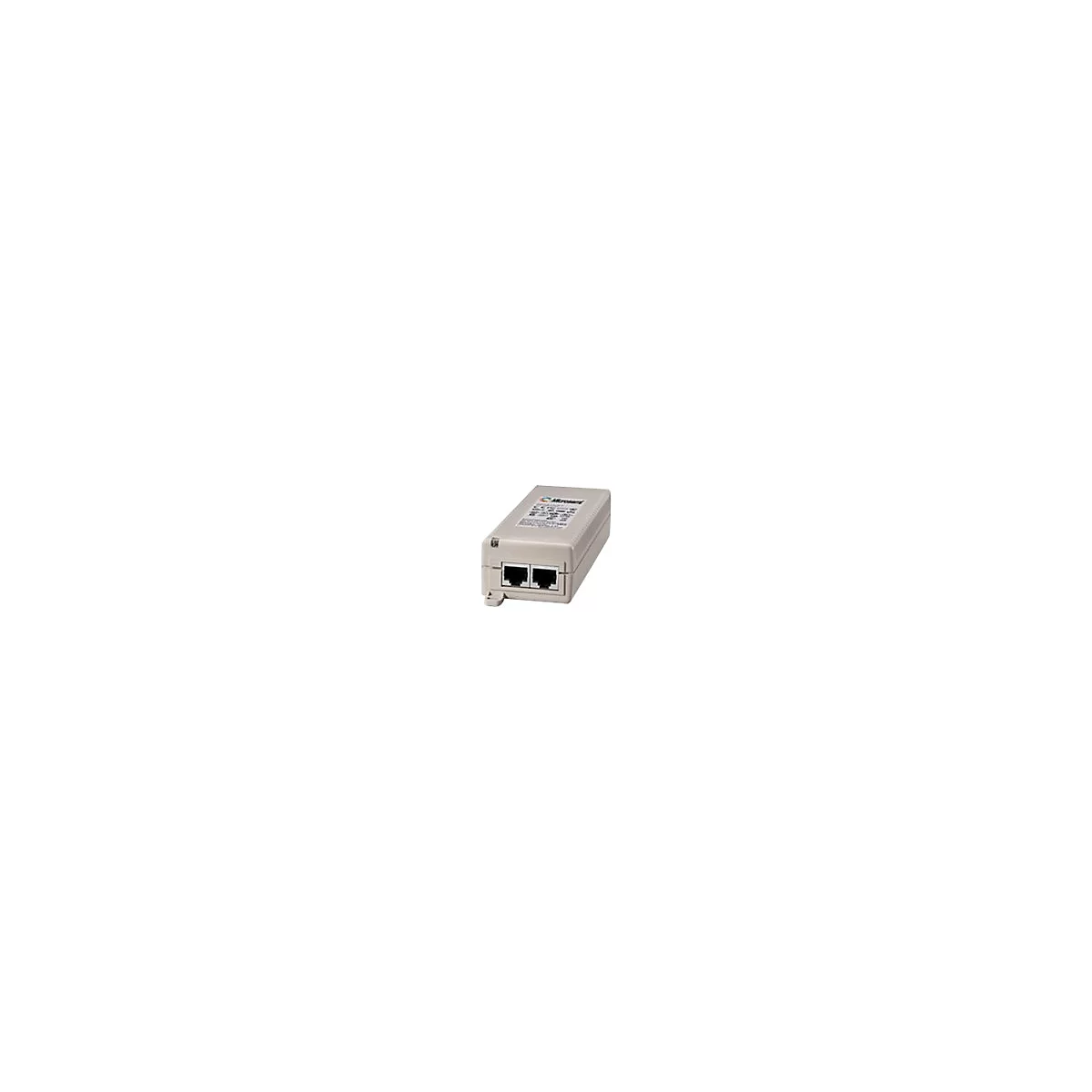 Appareil rÃ©seau rectangulaire gris avec deux ports RJ45.