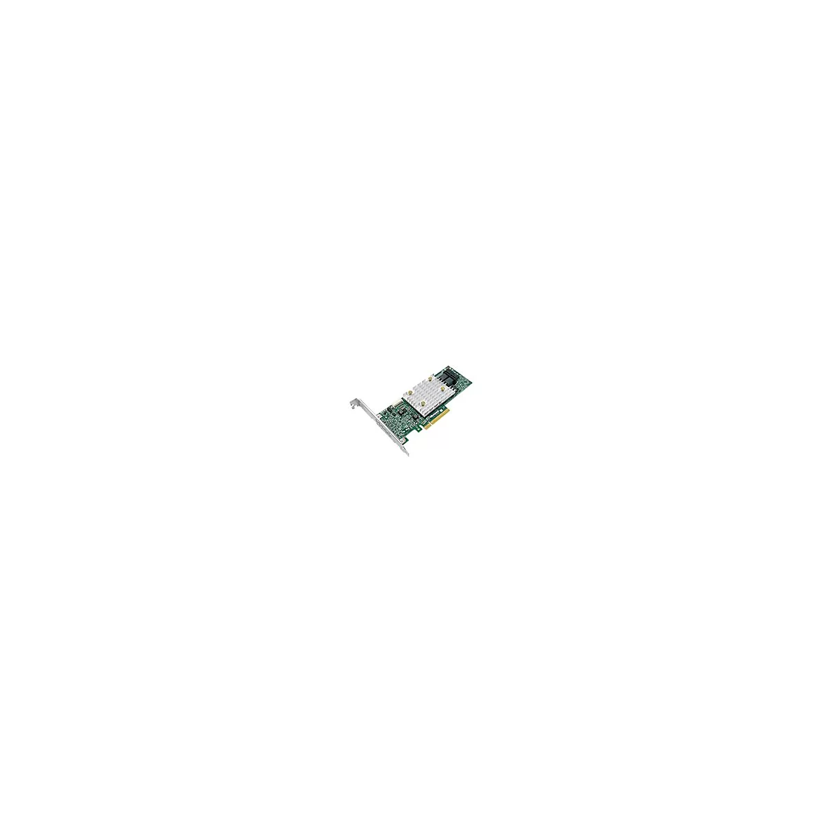 Une carte d'ordinateur verte avec un dissipateur thermique argenté, sur fond blanc.
