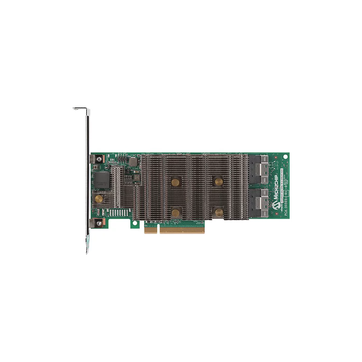 Une carte PC verte avec des dissipateurs thermiques, des connecteurs et le logo 'Microchip' sur fond blanc.