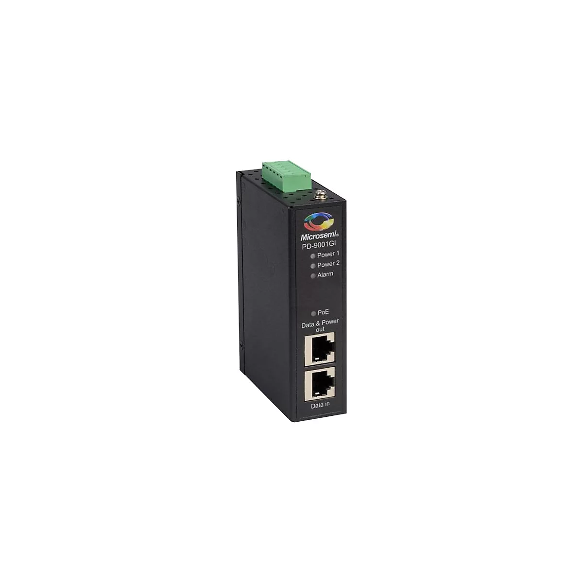 Ein schwarzer PoE-Konverter mit grünen Anschlüssen und Anschlüssen für Daten und Strom.