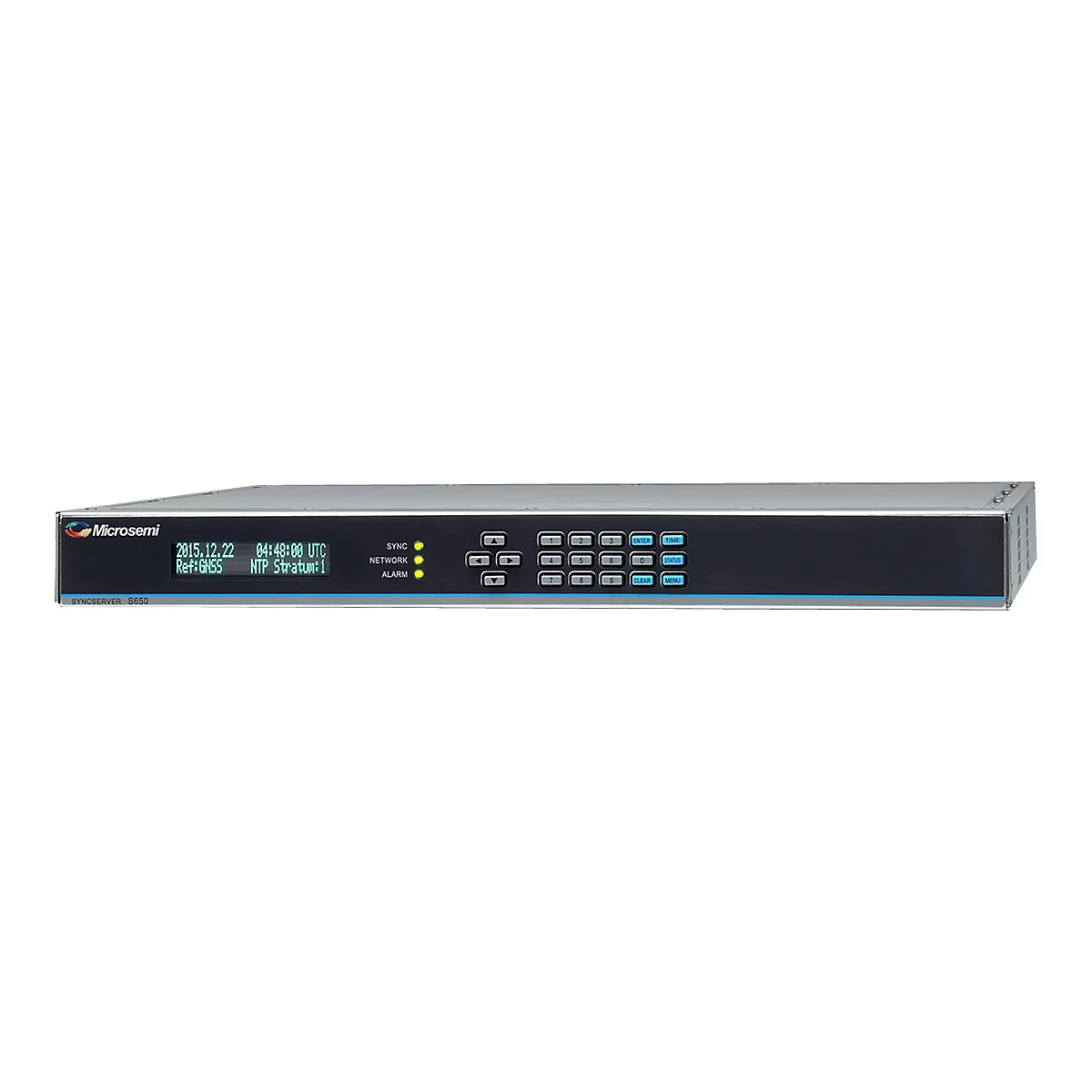 Microsemi SyncServer S650 Gerät in flacher Rack-Bauweise mit Digitaldisplay, Tastenfeld und Status-LEDs.