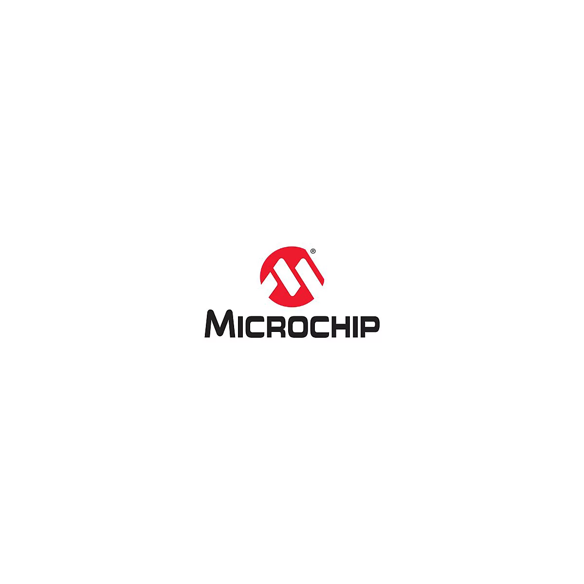 Logo Microchip : Cercle rouge avec symbole « M » blanc, avec lettrage noir Microchip en dessous.