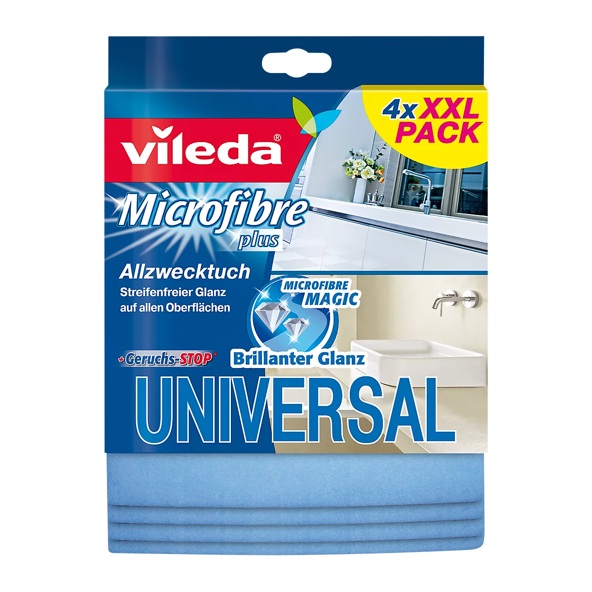 Vileda microfiber cleaning cloths package with product name and blue background.