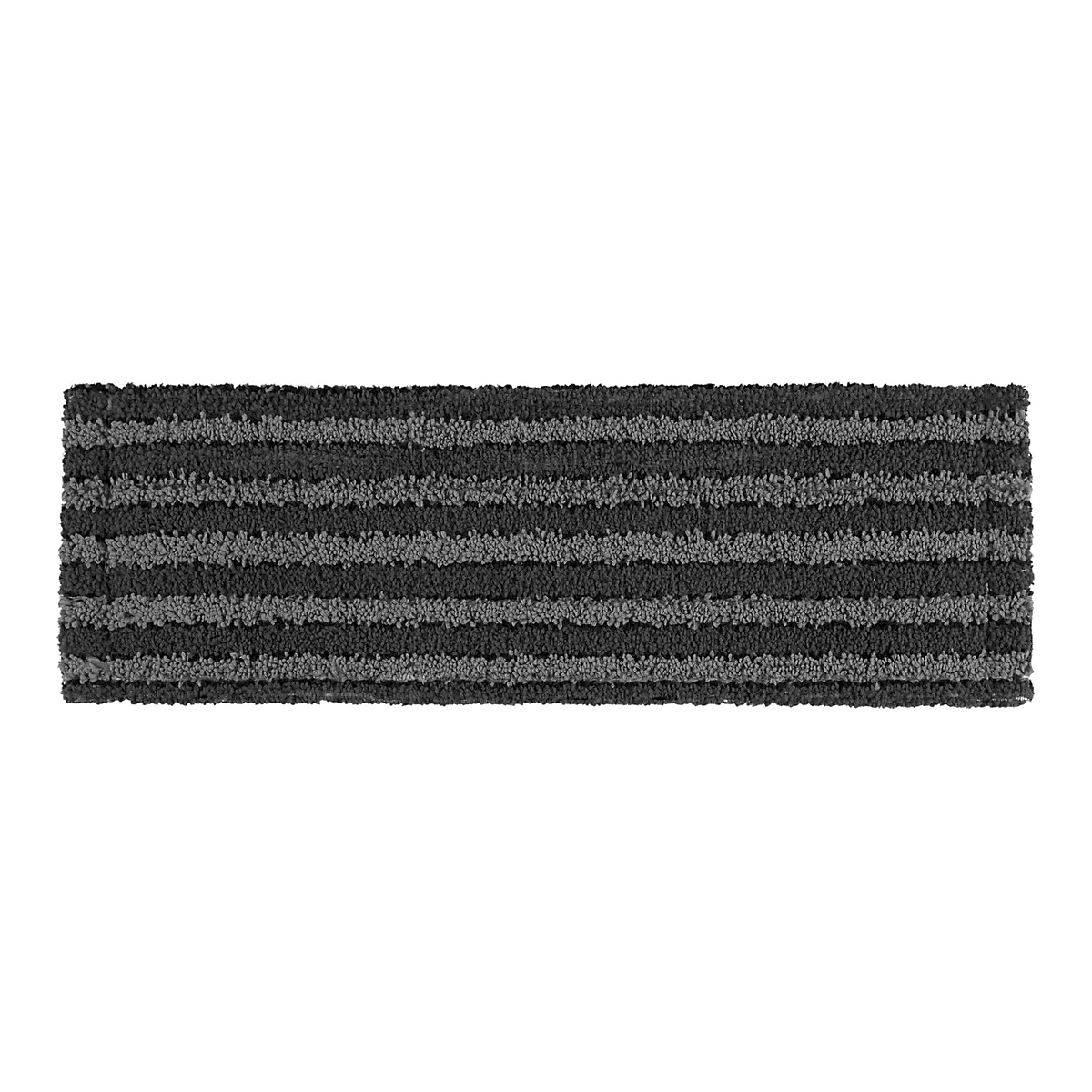 Rectangular doormat with alternating gray and black horizontal stripes.