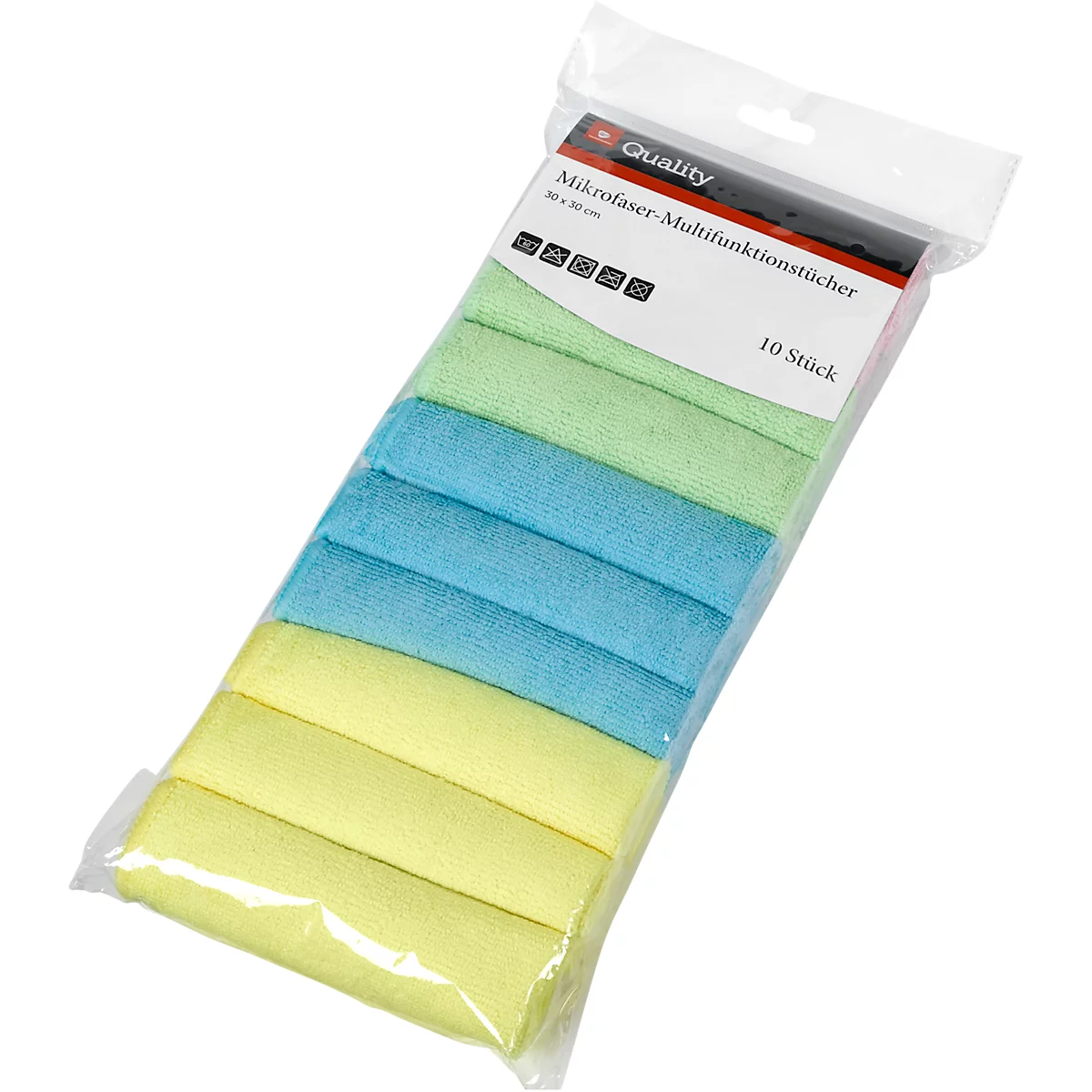 Package of microfiber cloths in yellow, blue, and green. Printed: 10 pieces, microfiber multifunctional cloths.