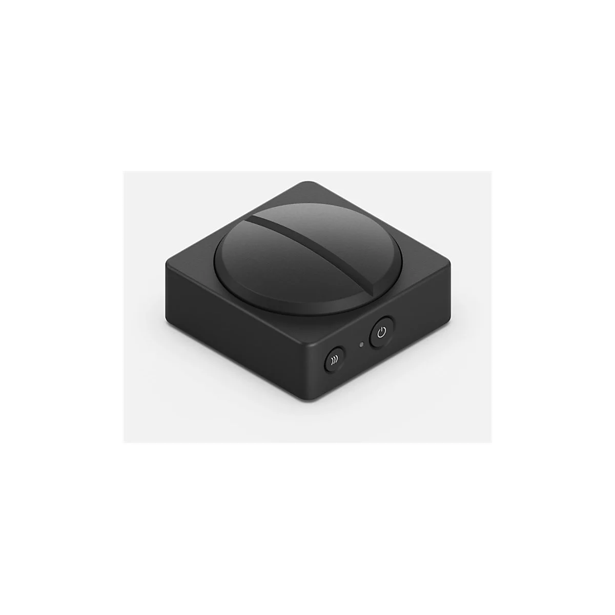 Schwarzes, quadratisches Gerät mit kreisförmiger Oberseite und zwei Knöpfen, einem Ein/Aus-Schalter und einem mit Pfeilen.