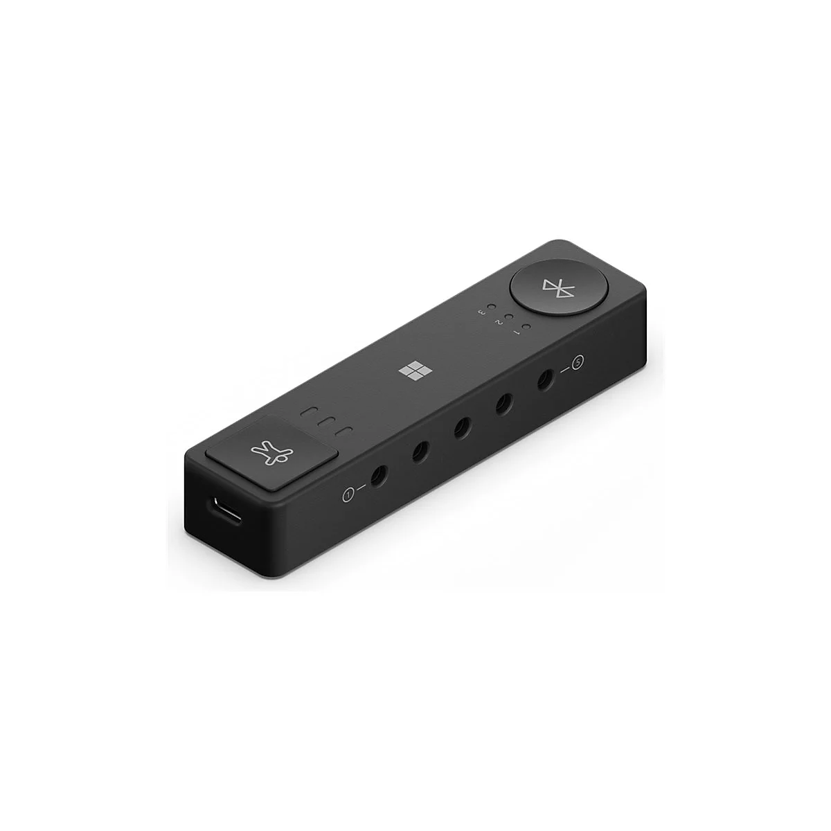 Schwarzes, rechteckiges Gerät mit Knöpfen, Anschlüssen und einem Bluetooth-Symbol. Ein Logo zeigt eine Person. Auf der Oberseite befinden sich kleine Leuchten.