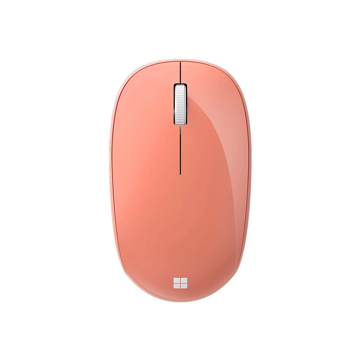 Hellorangefarbene Maus, mittig Scrollrad, Microsoft-Logo unten.