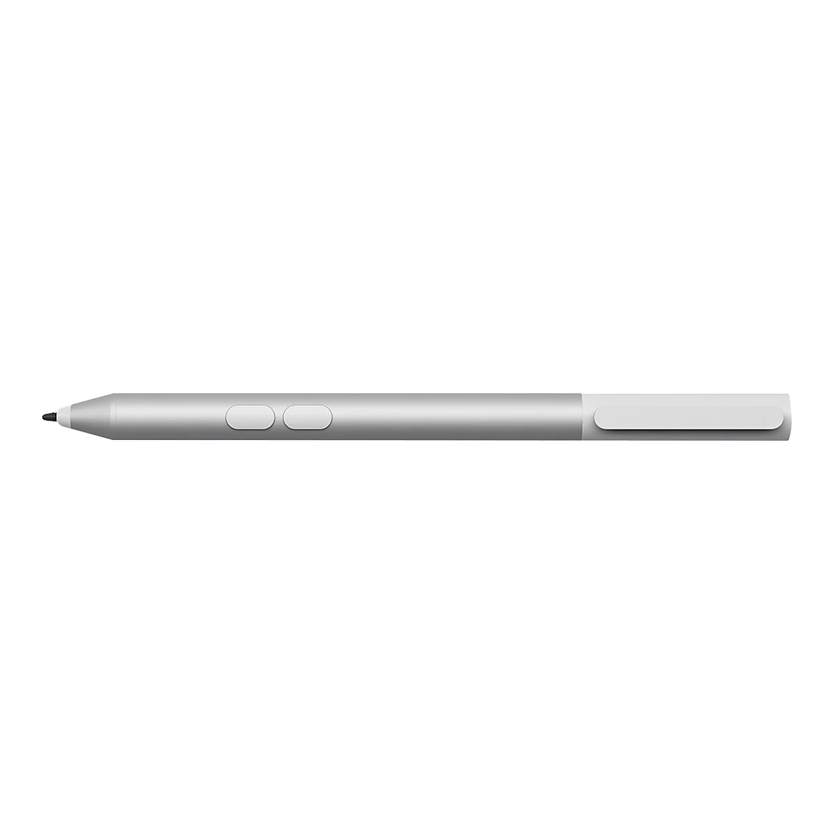 Ein silberner digitaler Stift, der auf weißem Hintergrund liegt. Der Stift hat zwei Knöpfe und eine rechteckige Spitze.