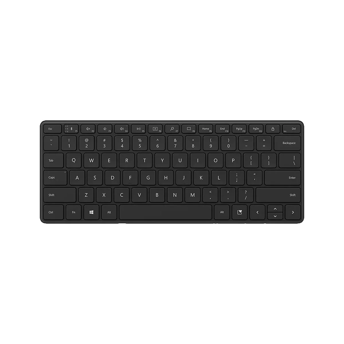 Draufsicht auf eine schwarze Tastatur, alle Tasten sind beschriftet, auf weißem Hintergrund.