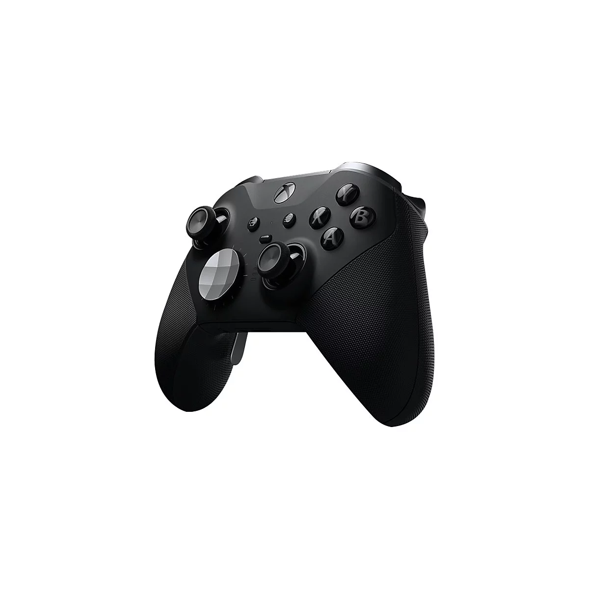 Manette sans fil Xbox Elite noire. Boutons, sticks et gâchettes sont visibles.