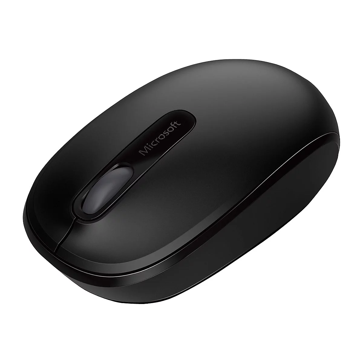 Souris d'ordinateur noire avec logo Microsoft et molette de défilement.