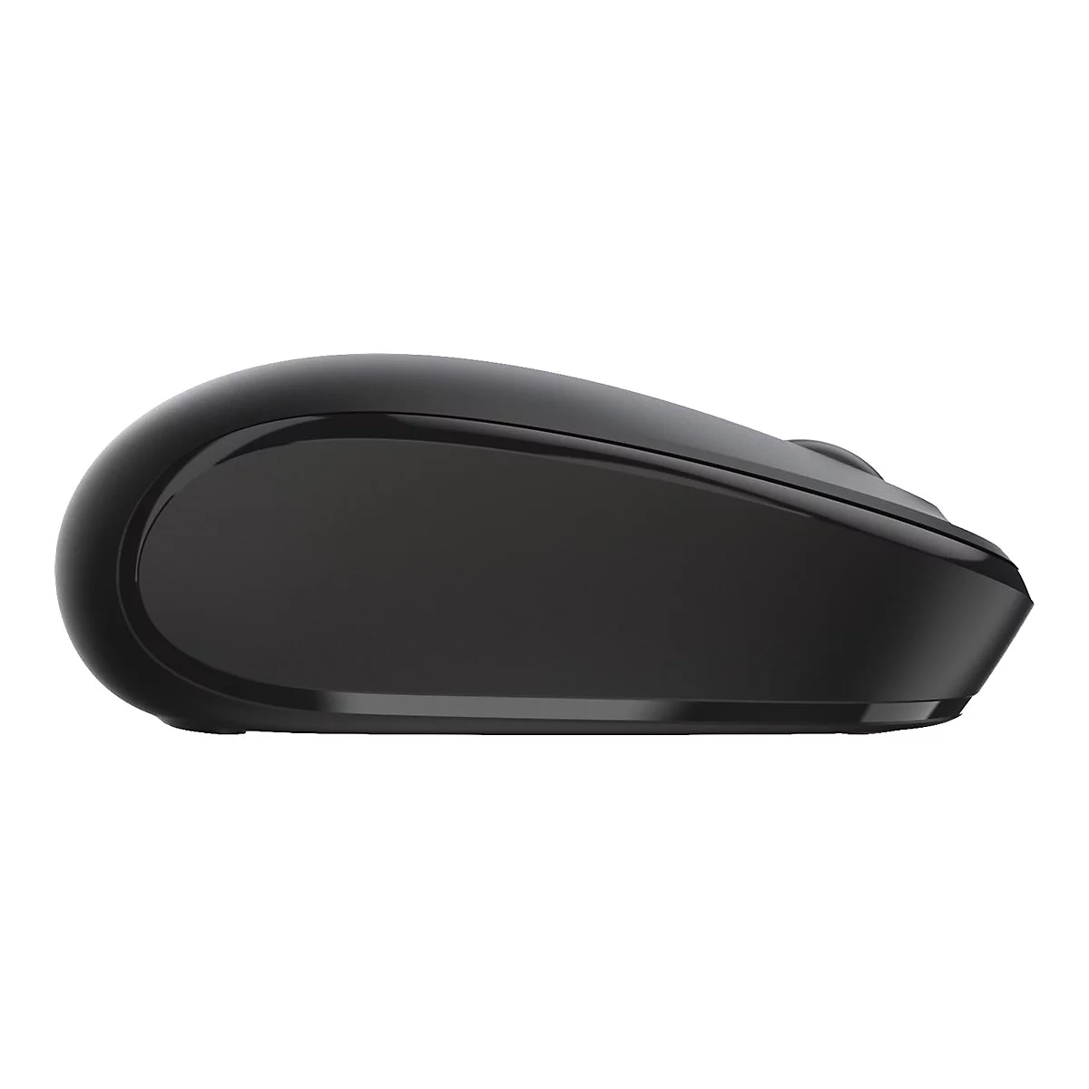 Souris d'ordinateur noire de profil, surface lisse, forme arrondie.