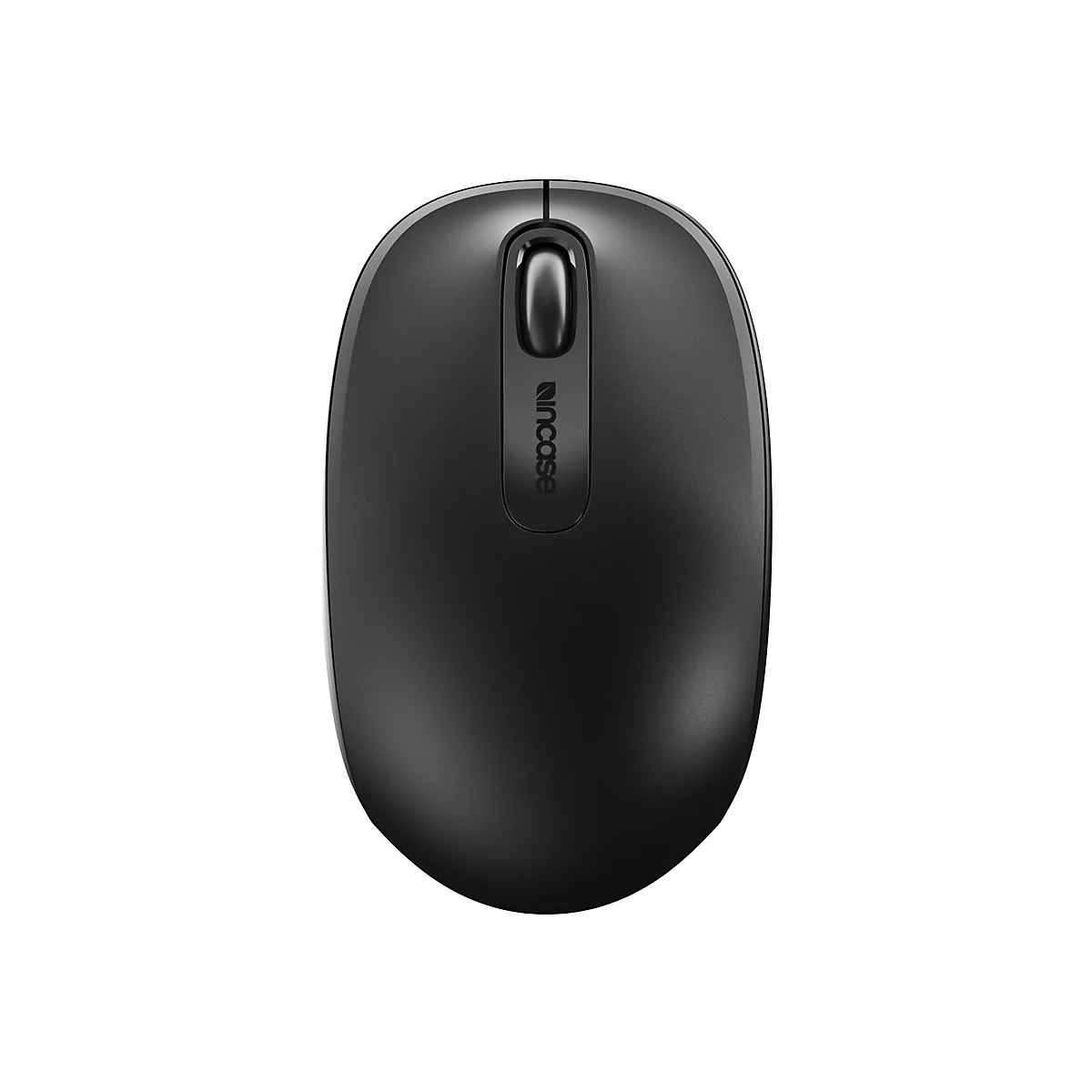 Souris d'ordinateur noire, de forme ovale, avec molette et logo "incase".