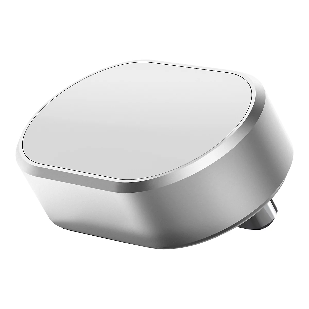 Ein silbernes, abgerundetes elektronisches Gerät mit einer flachen, rechteckigen Oberseite und einem zylindrischen Element.