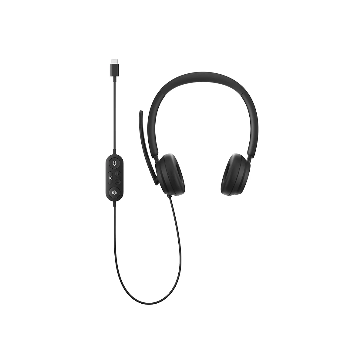 Schwarzes On-Ear-Headset mit Kabelfernbedienung und USB-C-Anschluss vor weißem Hintergrund.