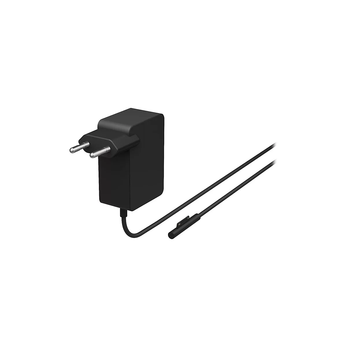 Schwarzes LadegerÃ¤t fÃ¼r elektronische GerÃ¤te mit zwei Stiften, Kabel.