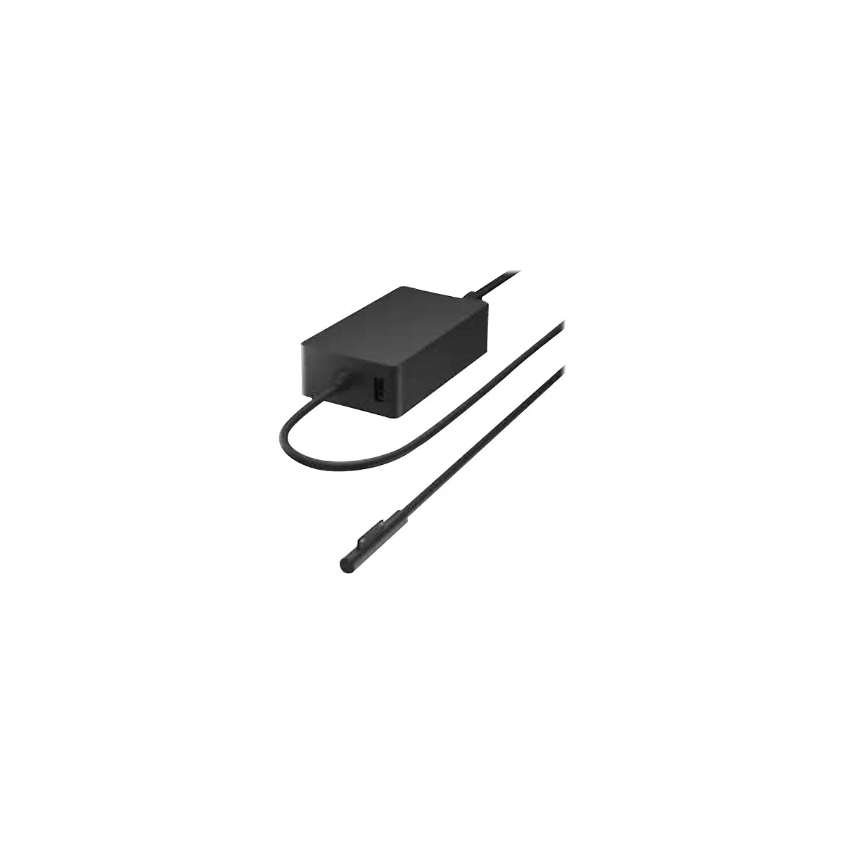 Schwarzes Netzteil fÃ¼r ein Tablet, mit Kabel und Stecker, auf weiÃŸem Hintergrund.