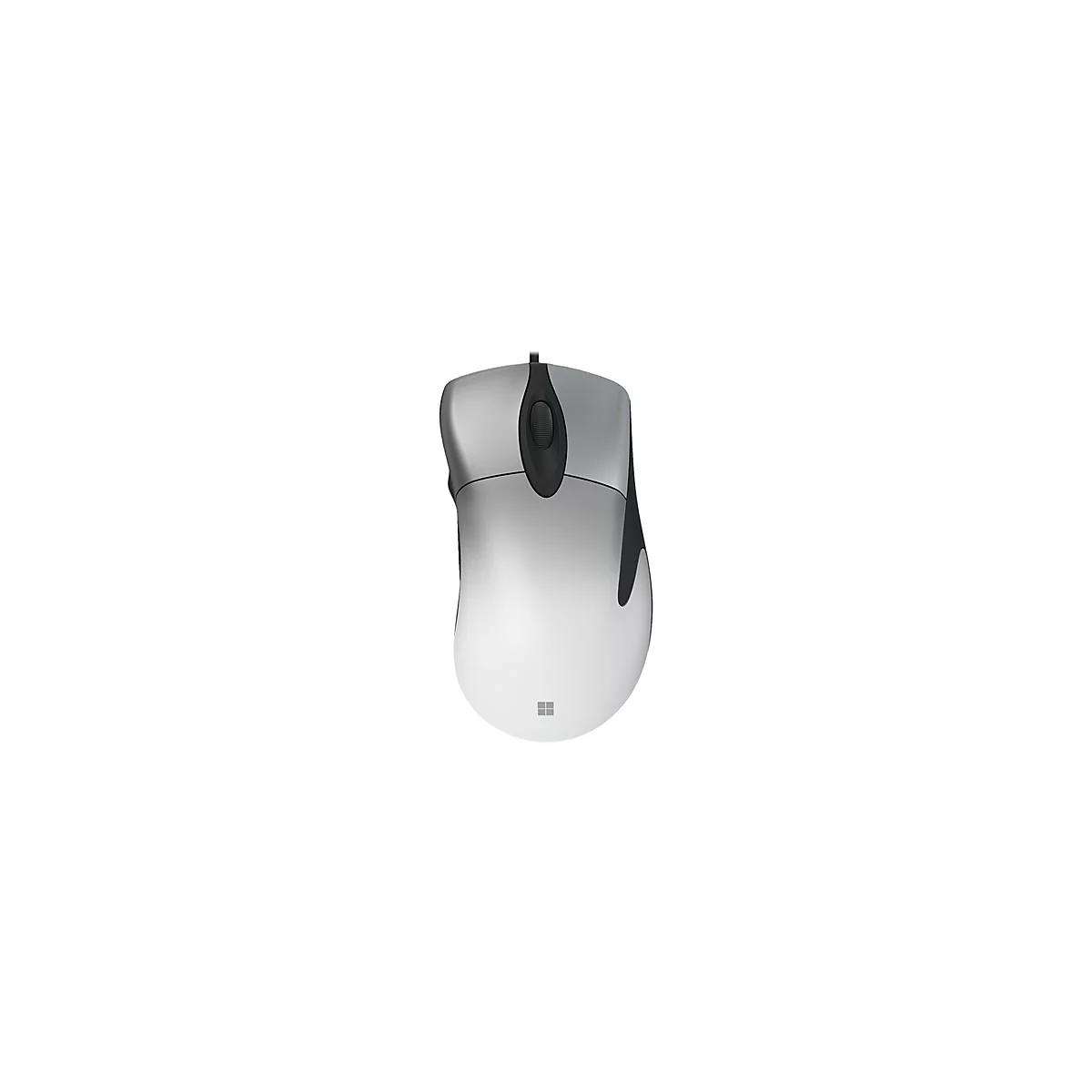 Graue Computermaus mit Scrollrad und Microsoft-Logo.
