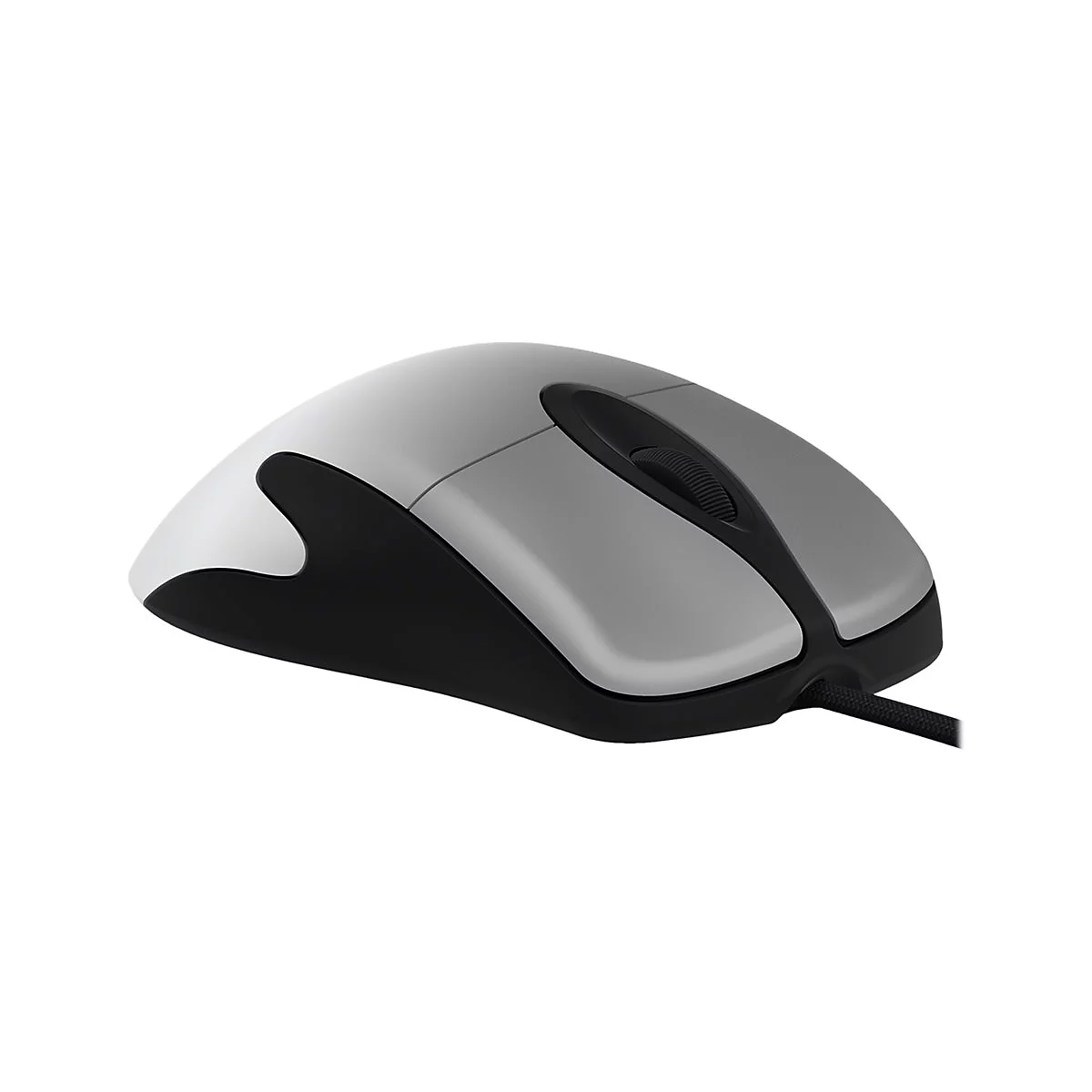 Graue Computermaus mit schwarzem Unterteil und Kabel, auf weiÃŸem Hintergrund.