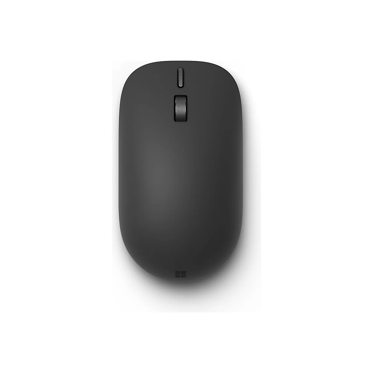 Draufsicht einer minimalistischen, mattschwarzen kabellosen Computermaus vor weißem Hintergrund.