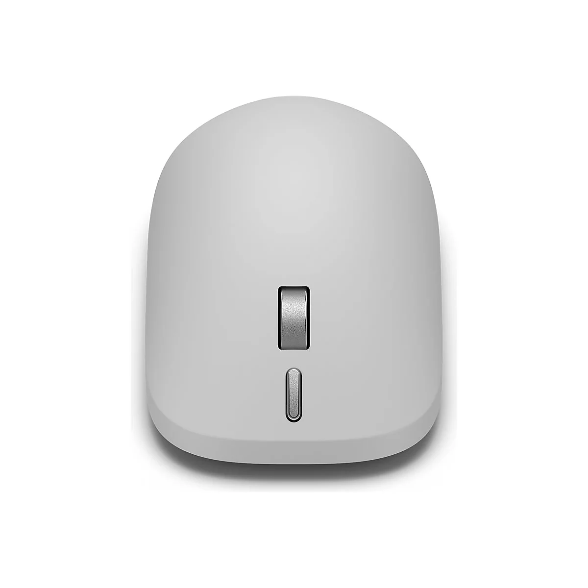 Helle, minimalistische Computermaus von oben vor weißem Hintergrund.