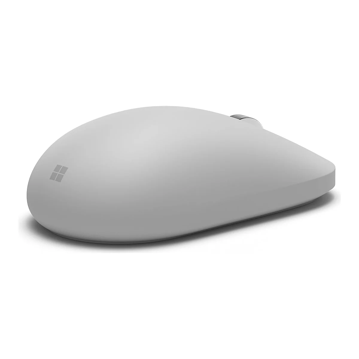 Eine moderne, flache, hellgraue Microsoft-Computermaus mit dezentem Logo vor weißem Hintergrund.