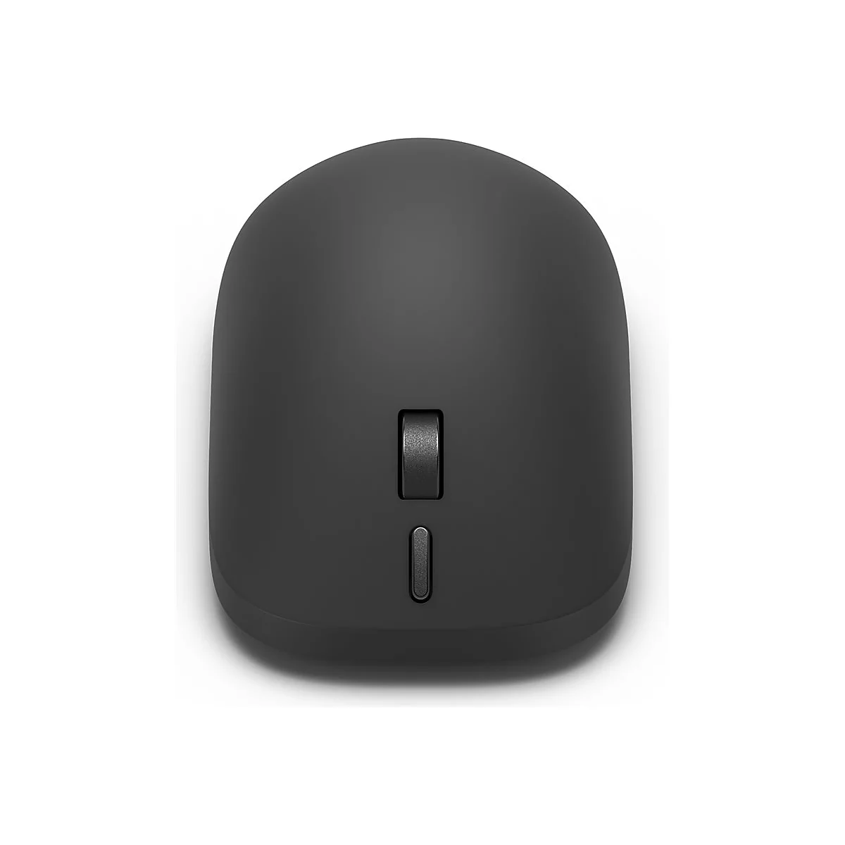 Draufsicht auf eine minimalistische, dunkelgraue kabellose Computermaus vor weißem Hintergrund.