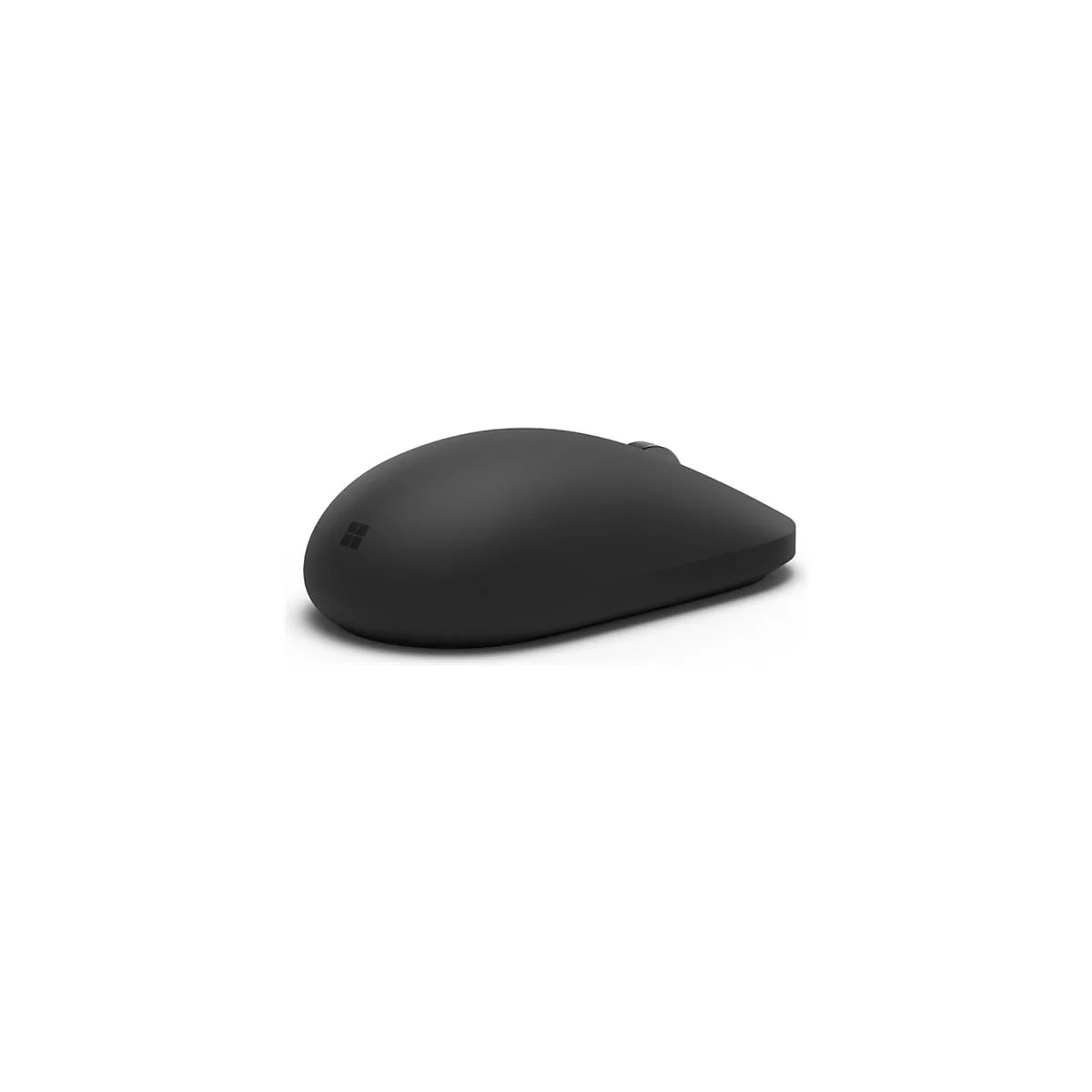 Schwarze, minimalistische Microsoft Computermaus auf weißem Hintergrund.