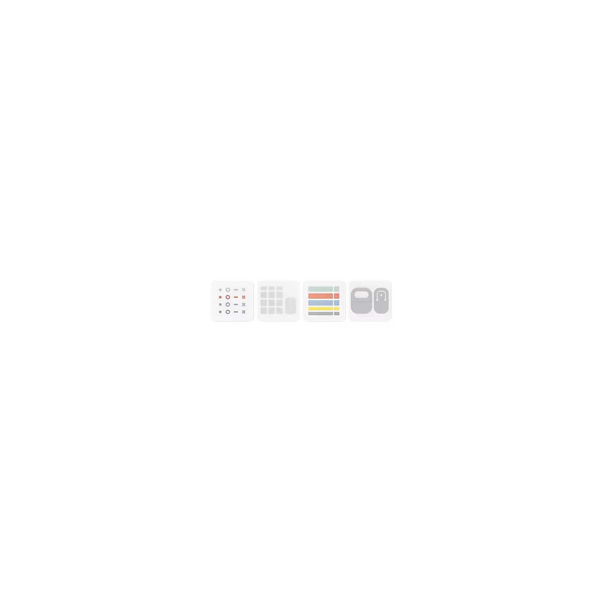 Vier quadratische Icons zeigen verschiedene Benutzerschnittstellen-Elemente in minimalistischem, grauem Design.