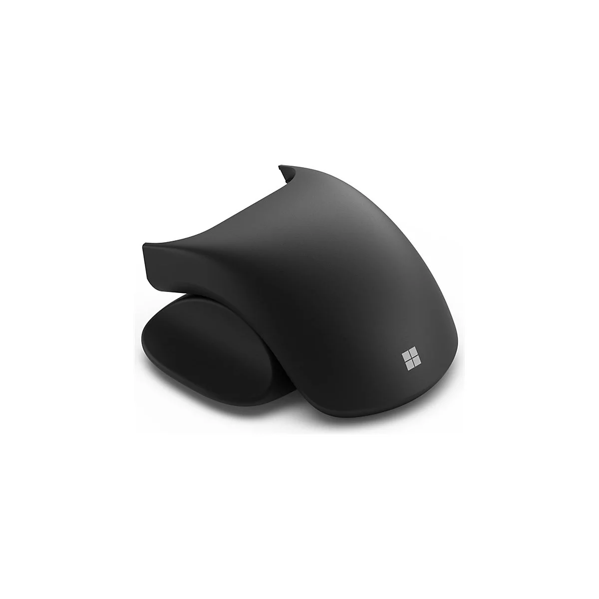 Souris ergonomique noire. Un logo blanc Microsoft est représenté sur la surface.