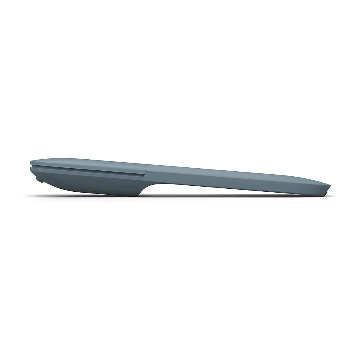 Souris d'ordinateur ergonomique gris clair avec un profil plat et un design fin.