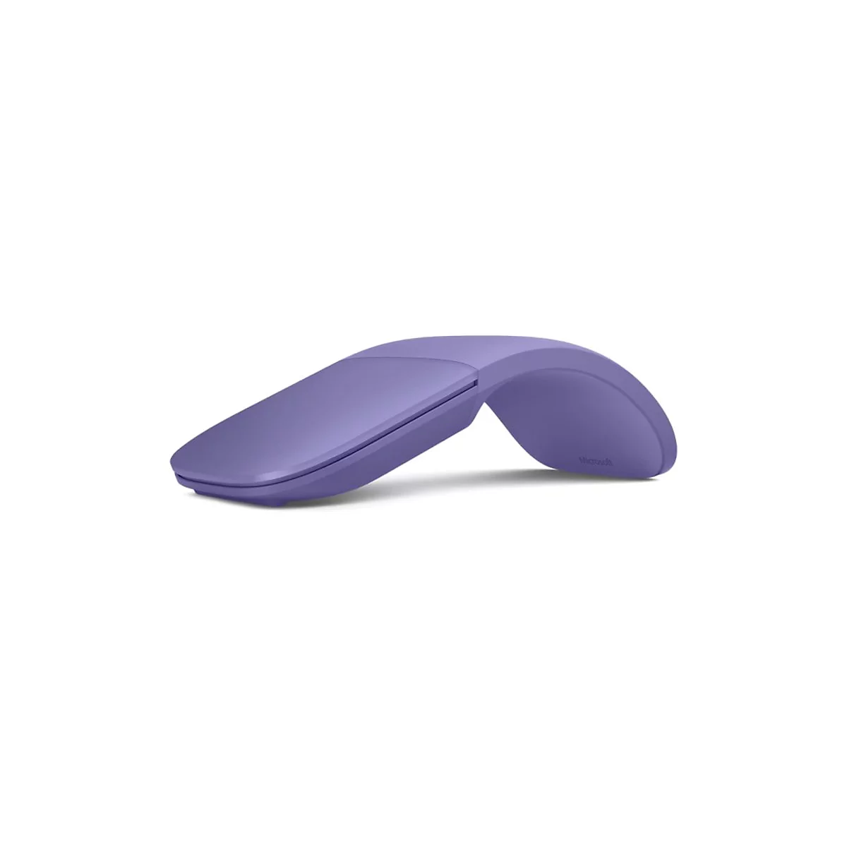Lilafarbene Microsoft Arc Maus. Die Maus hat ein geschwungenes Design und das Microsoft-Logo.