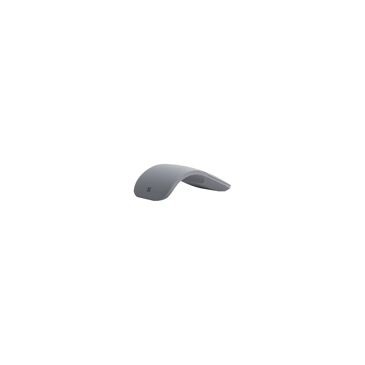 Graue, geschwungene Microsoft Arc Maus auf weißem Hintergrund.